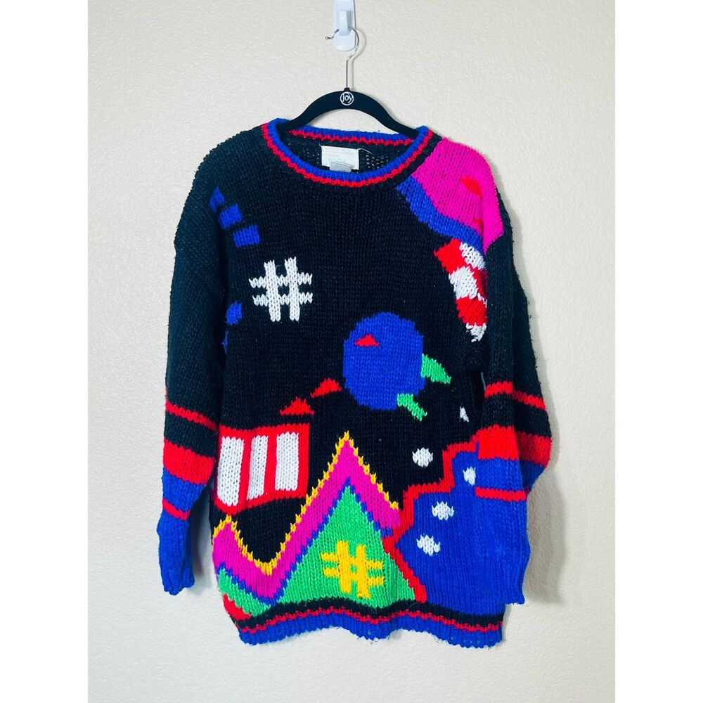 Vtg Retro 1980s Colorful Mister Noah Knit Sweater Chunky Unisex XL Geometric